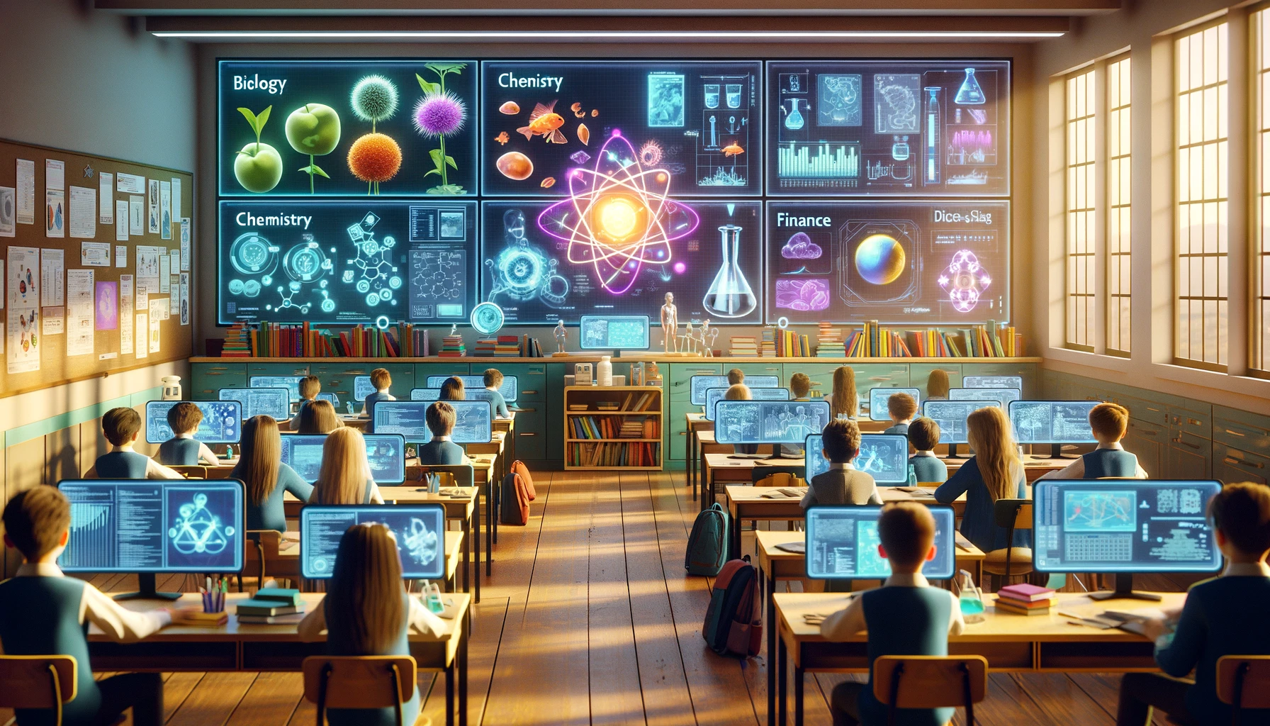 The image depicts a futuristic classroom where children are engaging with advanced interactive displays showing biology, chemistry, and finance, moving away from traditional coding education. This illustrates the evolution in learning environments towards a focus on domain-specific knowledge, inspired by Nvidia CEO Jensen Huang's vision.