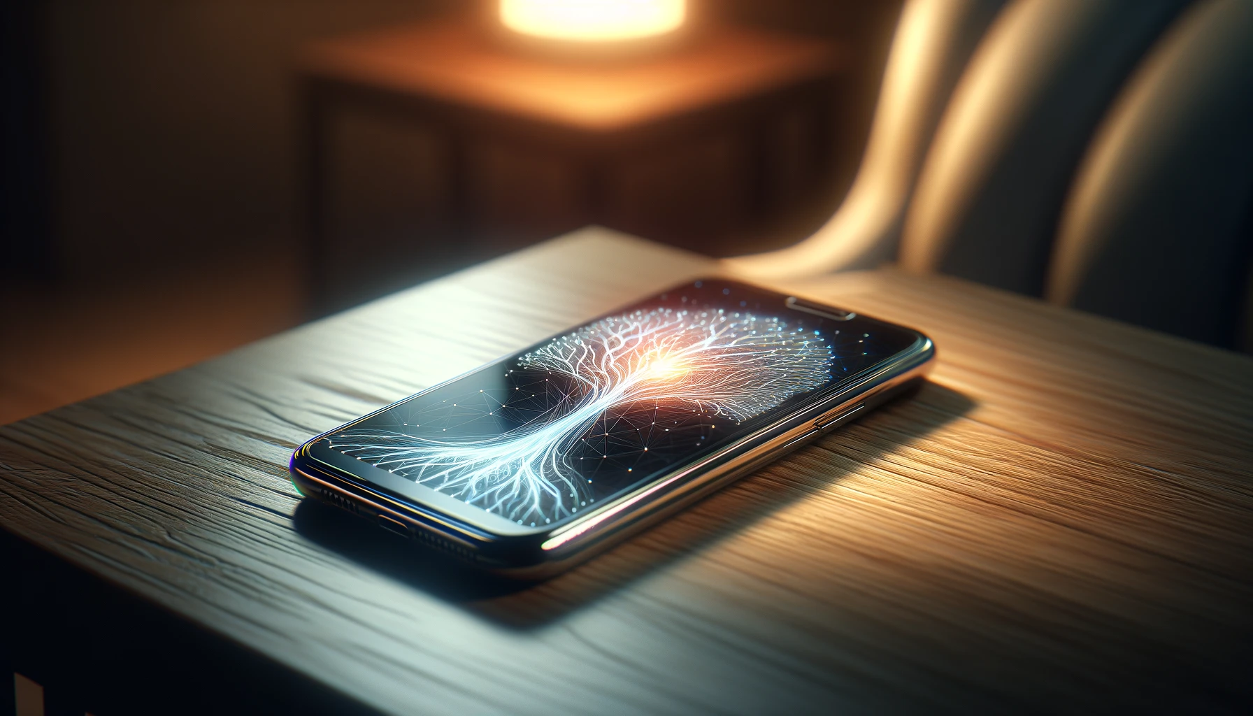 A modern smartphone on a wooden desk with a screen showing intricate neural network patterns, surrounded by a warm, inviting glow, representing the advancements in mobile AI technology.