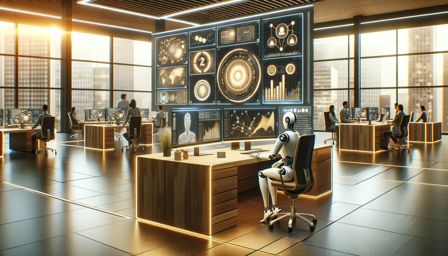 This image portrays a futuristic robot at the heart of a modern office, surrounded by screens displaying AI-related data, with humans collaborating in the background. The setting merges cutting-edge technology with a warm, collaborative atmosphere, symbolizing the synergy between AI and human creativity in the workplace.