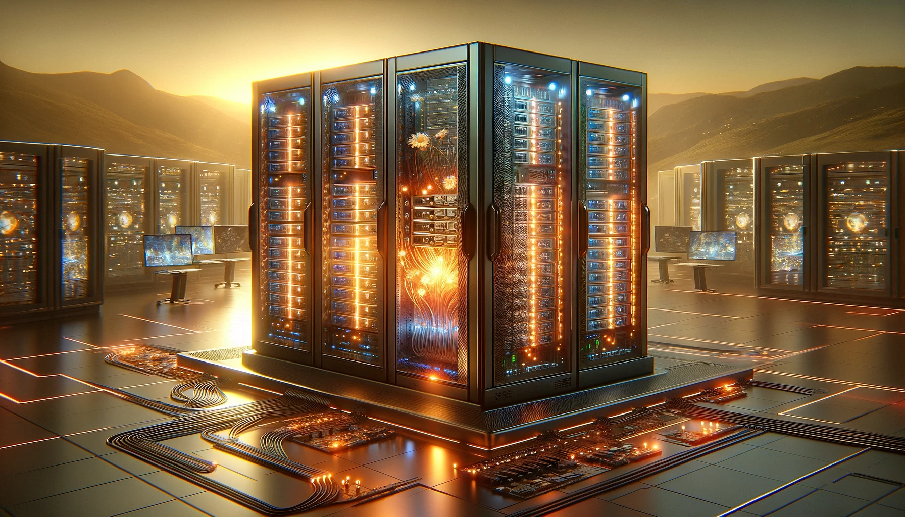 This image captures a futuristic server rack, the heart of a data center powered by cutting-edge artificial intelligence. Surrounded by a variety of computing hardware, it stands as a beacon of technological progress in AI, robotics, and virtual environments. The warm, natural lighting accentuates its central role in the ongoing technological revolution, with subtle cues hinting at the competitive landscape among leading tech companies in AI research and development.