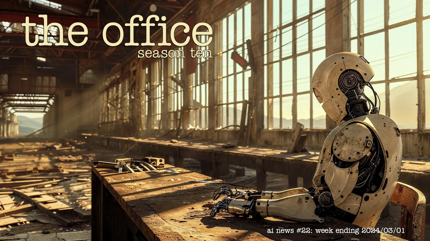 Promotional poster for a fictitious season of 'The Office Season Ten' featuring a robotic figure seated in a dilapidated industrial space with large windows, warm sunlight streaming in, and scattered debris on the floor. The robot's head is tilted in a contemplative gesture. Text overlay includes 'the office season ten' and 'ai news #22: week ending 2034/03/01'.