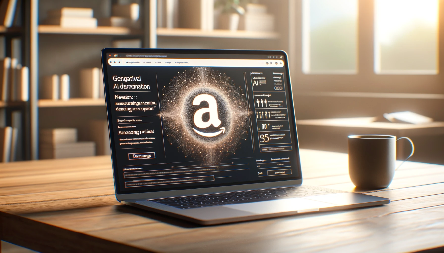 Photorealistic image of a modern, minimalist wooden desk with a laptop open. The laptop screen displays a generative AI interface creating a product description, subtly incorporating Amazon branding elements. The scene is set in a softly lit workspace, capturing the warmth of an early morning light. This setting symbolizes the emergence of AI-powered solutions in enhancing online retail.