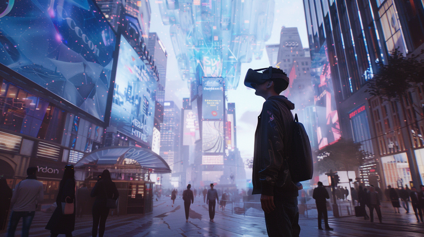 Canon R5 photo. a person in casual attire standing in the middle of a bustling, futuristic city square. The person is wearing an advanced AR headset that projects holographic data and interfaces around them. The city is a blend of real and digitally augmented structures, with skyscrapers that have virtual extensions reaching into the sky, digital flora that reacts to physical movements, and interactive holographic advertisements floating beside real shops. Virtual avatars of people walk alongside real pedestrians, each interacting in a space that seamlessly merges physical and digital realities. The sky above is a vivid sunset, casting warm hues over the scene, enhancing the blend of technology and natural beauty. This visualization encapsulates the future of urban life enhanced by AR, VR, and AI technologies, highlighting the potential for digital and physical world convergence. --ar 16:9