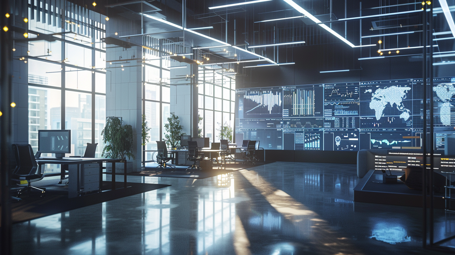 A modern office space illuminated by sunlight with professionals using high-tech gadgets, including one with an Apple Vision Pro headset surrounded by digital screens showing data analytics, emphasizing the integration of AI in business.