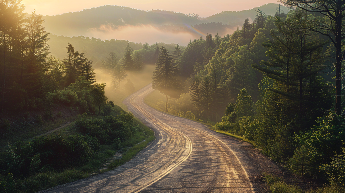 A winding road through the forests of Spruce Pine, North Carolina, bathed in the golden light of the setting sun, leading towards distant quartz mines essential for technology production.