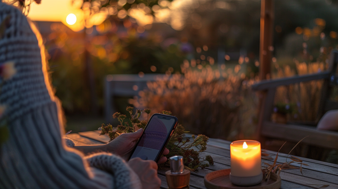 A person holds a smartphone displaying an AI-generated image, blending with the warm, natural outdoor environment during golden hour, symbolizing the seamless integration of advanced AI technology in mobile editing apps.