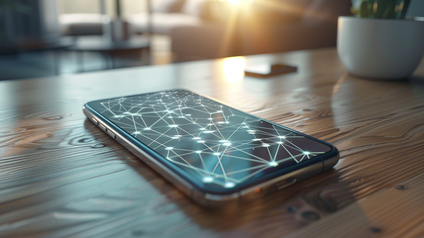 A modern smartphone on a wooden desk displays a glowing 1-bit AI network diagram, symbolizing advanced technology within a softly lit, contemporary room