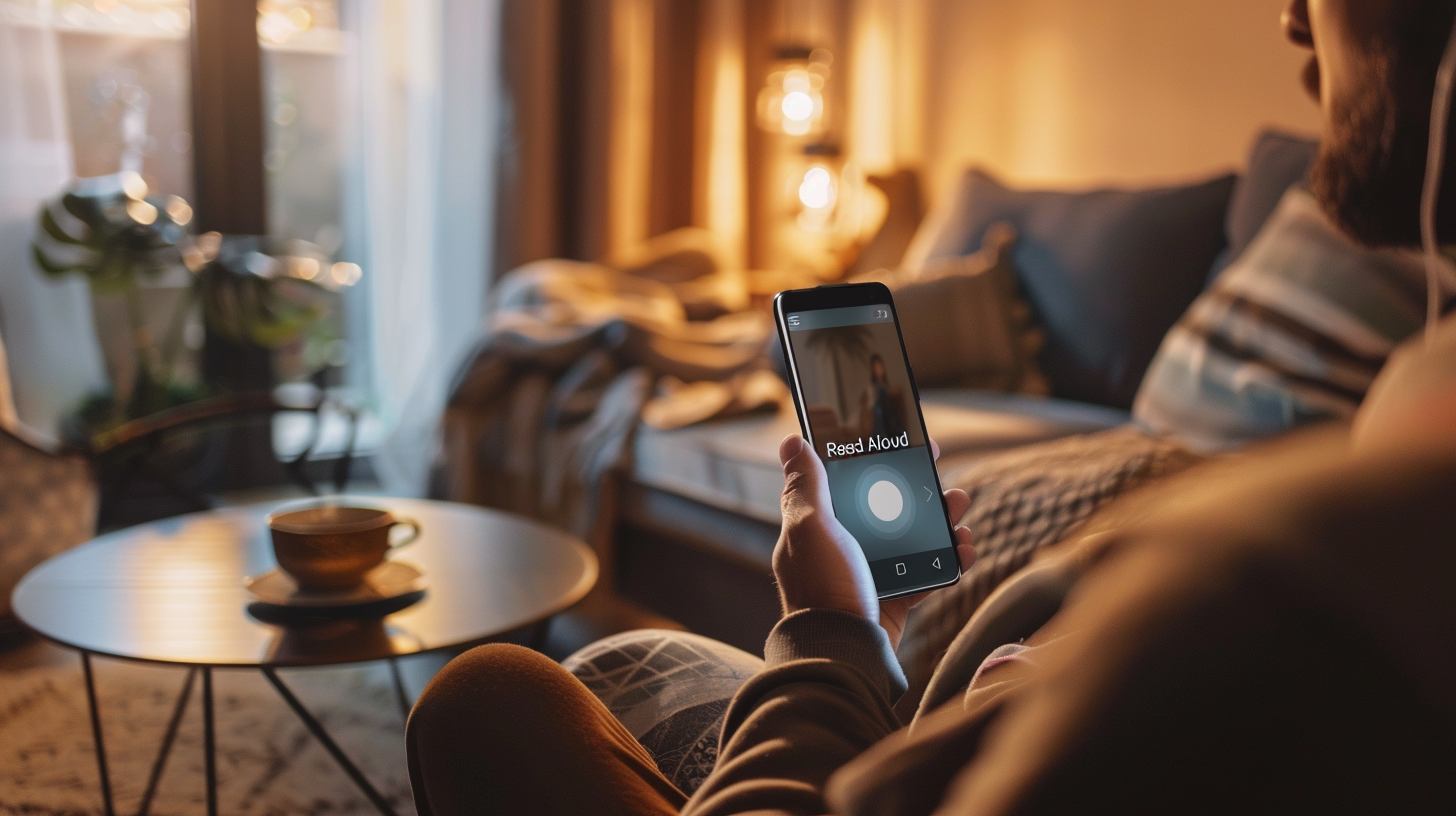 A person sitting in a comfortable, modern living room, holding a smartphone with the ChatGPT app open on screen. The person is wearing casual home wear, and they are visibly relaxed and smiling as they listen through wireless earbuds. The room has soft, warm lighting, and there's a hint of a cozy atmosphere with a cup of tea on the side table. Outside the window, it's a bright, sunny day. The focus is on the person and the smartphone screen, which shows the ChatGPT interface with a "Read Aloud" button highlighted.
