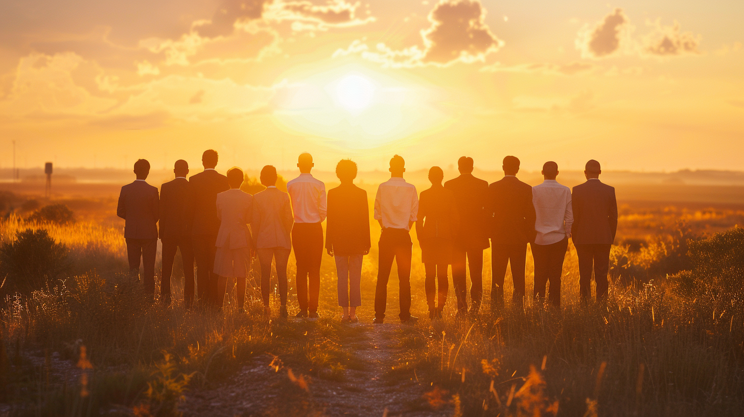 Photorealistic image of a diverse group of professional individuals standing together on a path leading towards a horizon under the early morning sun. The setting is a wide-open, natural landscape, symbolizing progress and new beginnings. The group is mixed in terms of gender and ethnicity, dressed in business attire, representing leadership and inclusivity. The sunrise casts warm colors across the scene, conveying optimism and a fresh start.