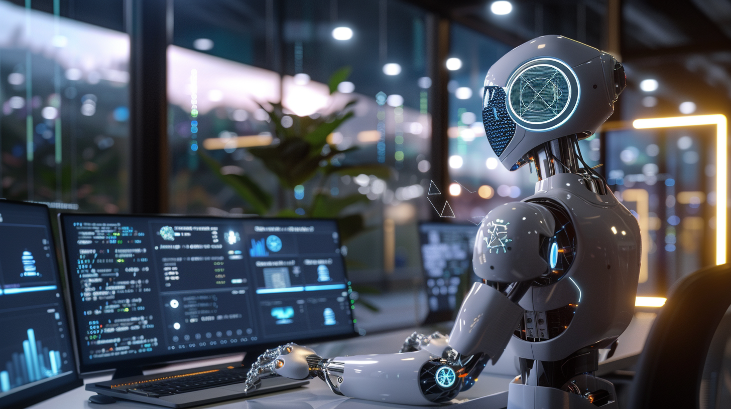 a futuristic workspace, with multiple screens displaying code, AI development tools, and virtual simulations. A humanoid robot sits at the desk, typing on a keyboard, with holographic projections of coding elements and data analysis floating around it. The environment is well-lit with natural light coming from large windows, showcasing a lush, green landscape outside. The interior is modern and sleek, with a blend of technology and comfort, hinting at the seamless integration of AI into everyday work and creativity. Warm colors dominate the scene, with touches of green from the plants outside and soft, ambient lighting inside to create a welcoming atmosphere