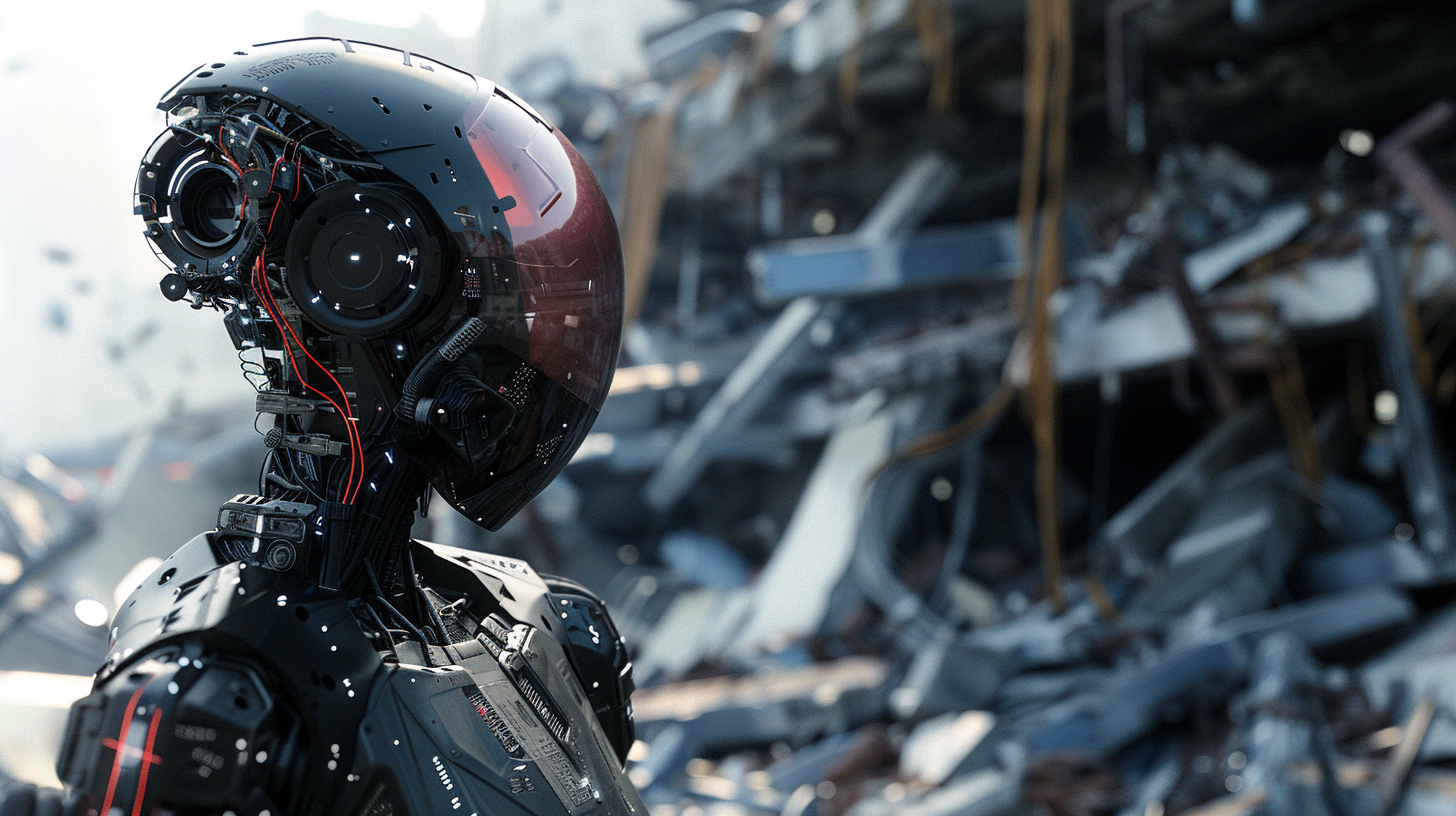 /imagine prompt:photorealistic image. a humanoid robot navigating through a simulated environment resembling a collapsed building. The robot has a sleek, modern design with visible sensory equipment and intricate wiring. The environment is detailed, with debris and obstacles typical of a post-collapse scenario. The lighting should be warm, with natural light filtering through to highlight the robot's features and the complexity of the environment. The overall composition should convey a sense of collaboration between human ingenuity and AI, capturing the robot's sophisticated navigation and decision-making capabilities. --ar 16:9
