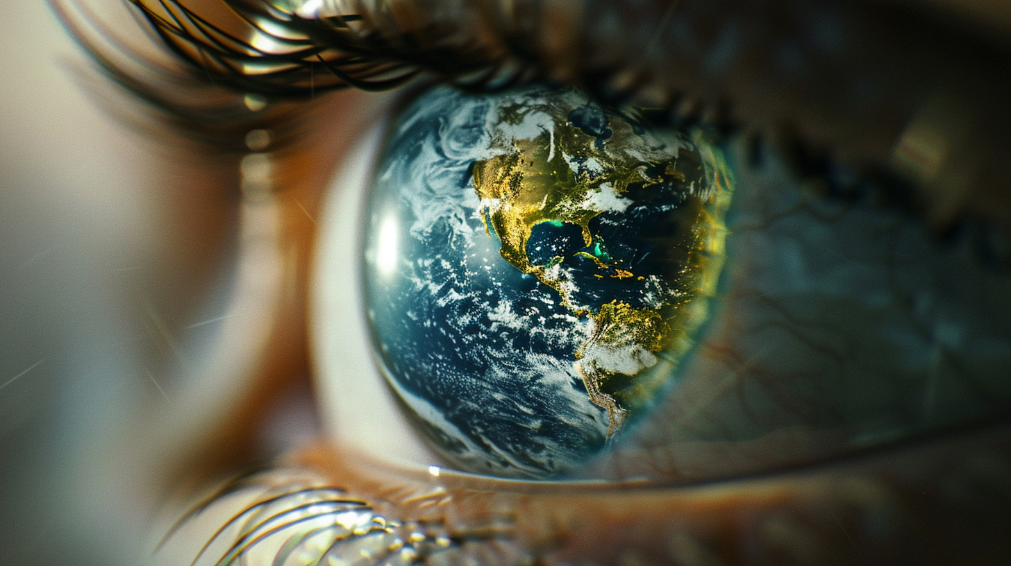 Photorealistic image. Imagine an extreme close-up of a human eye, reflecting a detailed and vibrant image of the Earth in its iris. The surrounding area of the eye should have natural skin tones, and the reflection of Earth should be crisp and vivid, showcasing continents and oceans in natural, warm colors. The rest of the eye should be lit softly, highlighting the textures and unique patterns of the iris. This captures the theme of an advanced, technology-driven perspective on the world, symbolizing the global impact and vision of AI technologies. --ar 16:9