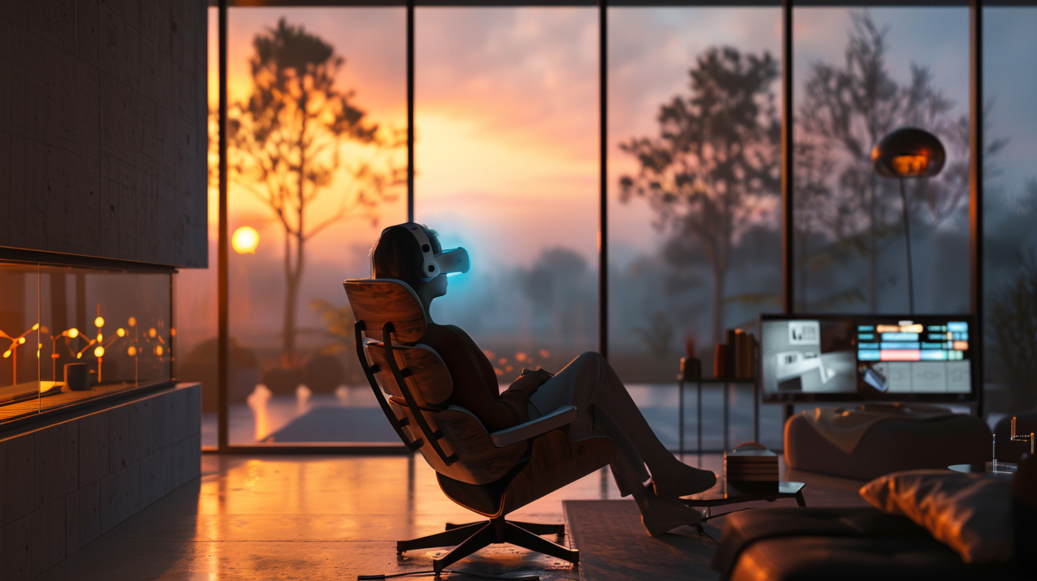 Nikon D850 photo, a modern living room during the evening, bathed in warm, natural light filtering through large windows. The room is stylish and minimally decorated, emphasizing comfort and technology. In the center, a person is seated in a contemporary chair, eyes closed, with a subtle, futuristic headband. This headband glows softly, indicating activation. Around them, various home appliances and screens display changing settings and interfaces, suggesting they are being controlled by the person's thoughts alone. The atmosphere is calm and inviting, showcasing the potential of neural interface technology to blend seamlessly into our daily lives. The technology appears integrated and unobtrusive, highlighting the advanced yet harmonious interaction between humans and AI. --ar 16:9