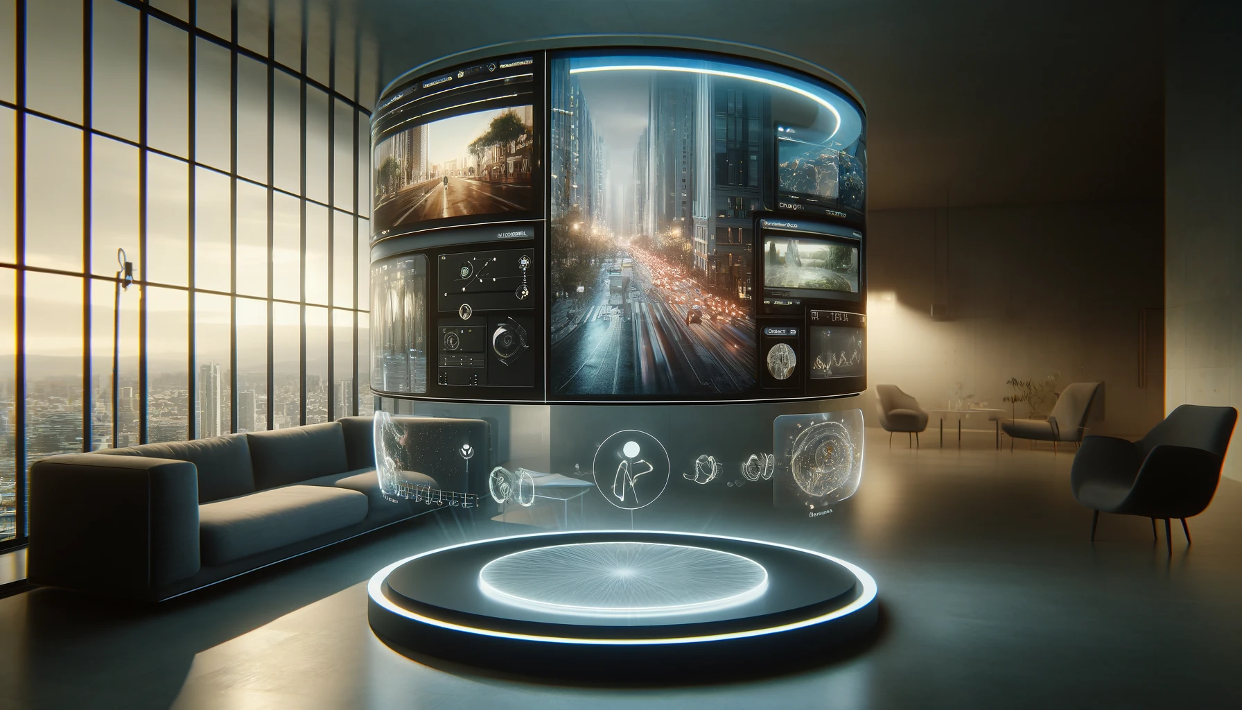 Photorealistic image of a futuristic, curved digital screen floating in a dimly lit, modern office space. The screen displays several live video feeds from different locations - a bustling city intersection, a serene forest, a busy retail shop, and a simple living room. Overlaying these video feeds are translucent, digital annotations and symbols representing AI analysis and data interpretation, such as object recognition icons, motion trajectories, and sentiment analysis bubbles. The room is bathed in soft, warm light, emphasizing the screen's glow and the advanced, yet accessible technology it represents. --ar 16:9
