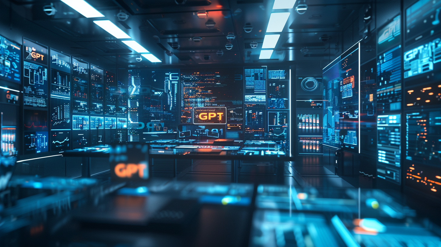 iphone photo. a sleek, futuristic lab filled with screens displaying code and advanced algorithms, transitioning from basic to highly complex patterns. In the foreground, a prominent, holographic projection of the GPT-5 logo shines brightly. The background shows earlier models represented by dimmer, less intricate holograms. The lab is bathed in warm, inviting light, highlighting the technology's advancement and the excitement surrounding the launch of GPT-5. This image symbolizes the leap in AI capabilities and innovation, focusing on the anticipation of GPT-5's impact on technology and society. --ar 16:9