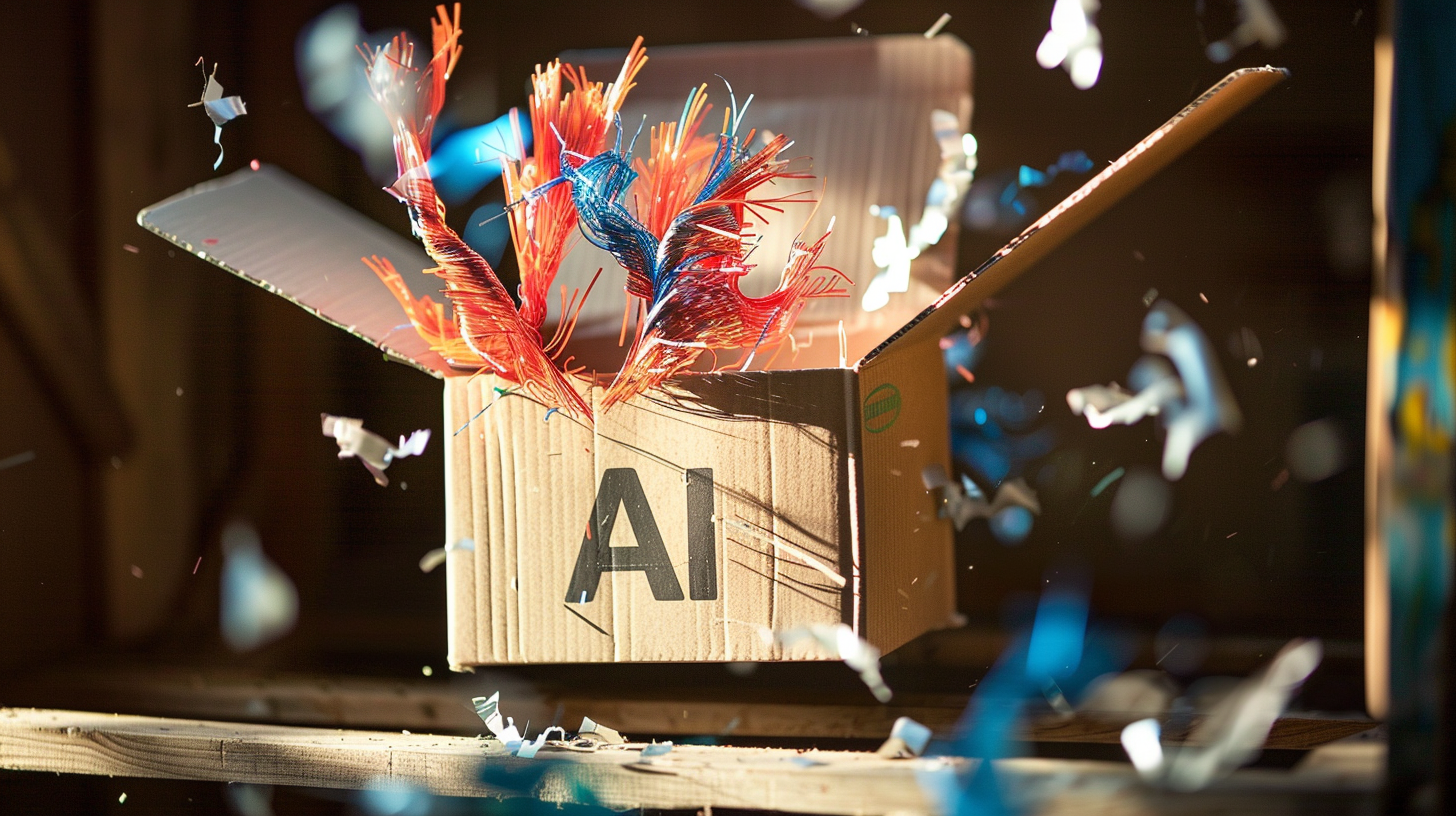 a jack-in-the-box has opened and the letters "AI" have sprung out. --ar 16:9 --style raw