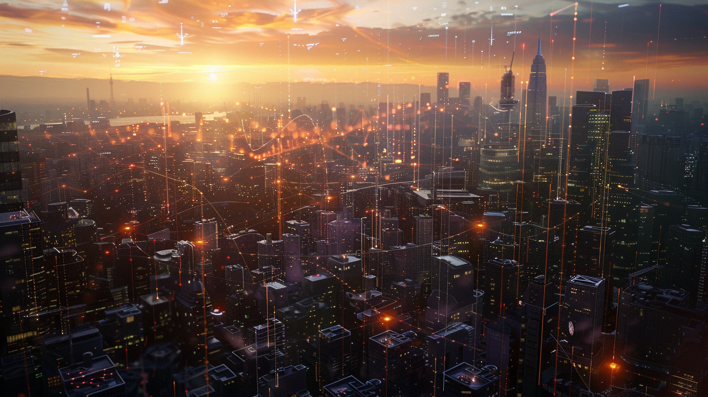 canon R5 photo, a futuristic cityscape at dawn, illustrating the integration of artificial intelligence into daily life. The city is bathed in warm colors of sunrise, transitioning from dark night shades. Glowing, interconnected data streams represent AI, weaving between skyscrapers, along streets, and connecting to devices in people's hands. This visual metaphor showcases AI's transformative impact on society and the economy, highlighting its role as a harbinger of a new technological era. --ar 16:9