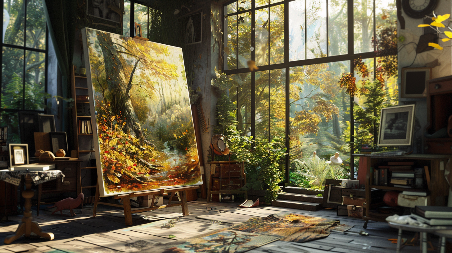 Nikon D850 photo, an artist's canvas positioned in a warmly lit, cozy studio space. The left side of the canvas shows a painted still image of a vibrant forest scene with leaves and animals in a static pose. The right side of the canvas transitions into a realistic, moving scene where the leaves flutter in the wind and the animals roam freely, as if the painting has come to life. The studio is filled with natural light, highlighting the magical transformation from static art to dynamic video, symbolizing AI's role in this process. Ensure the image captures the warmth and magic of the moment, with a focus on natural colors and light to enhance the photorealistic effect. --ar 16:9