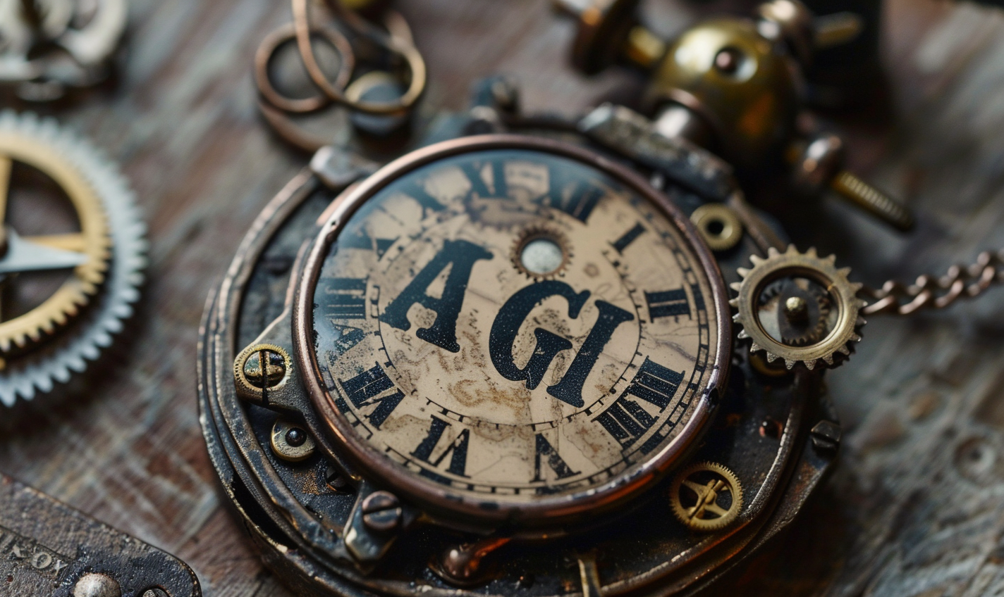 a steampunk name tag that reads "AGI" --ar 5:3 --style raw