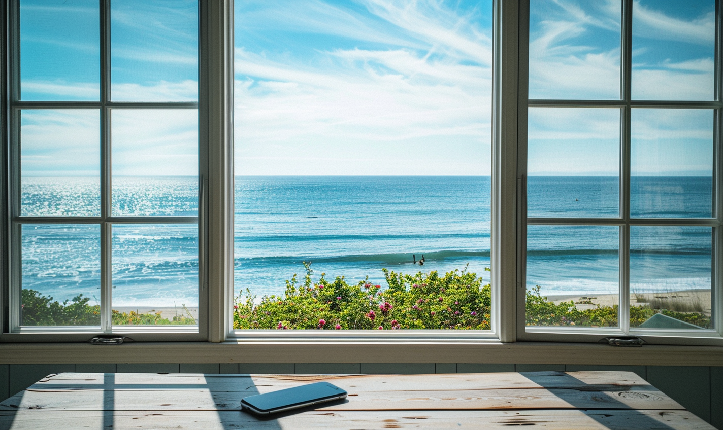a cell phone sits next to an open window of a beach house. the ocean is in the background. it's a gorgeous day. --ar 5:3 --style raw