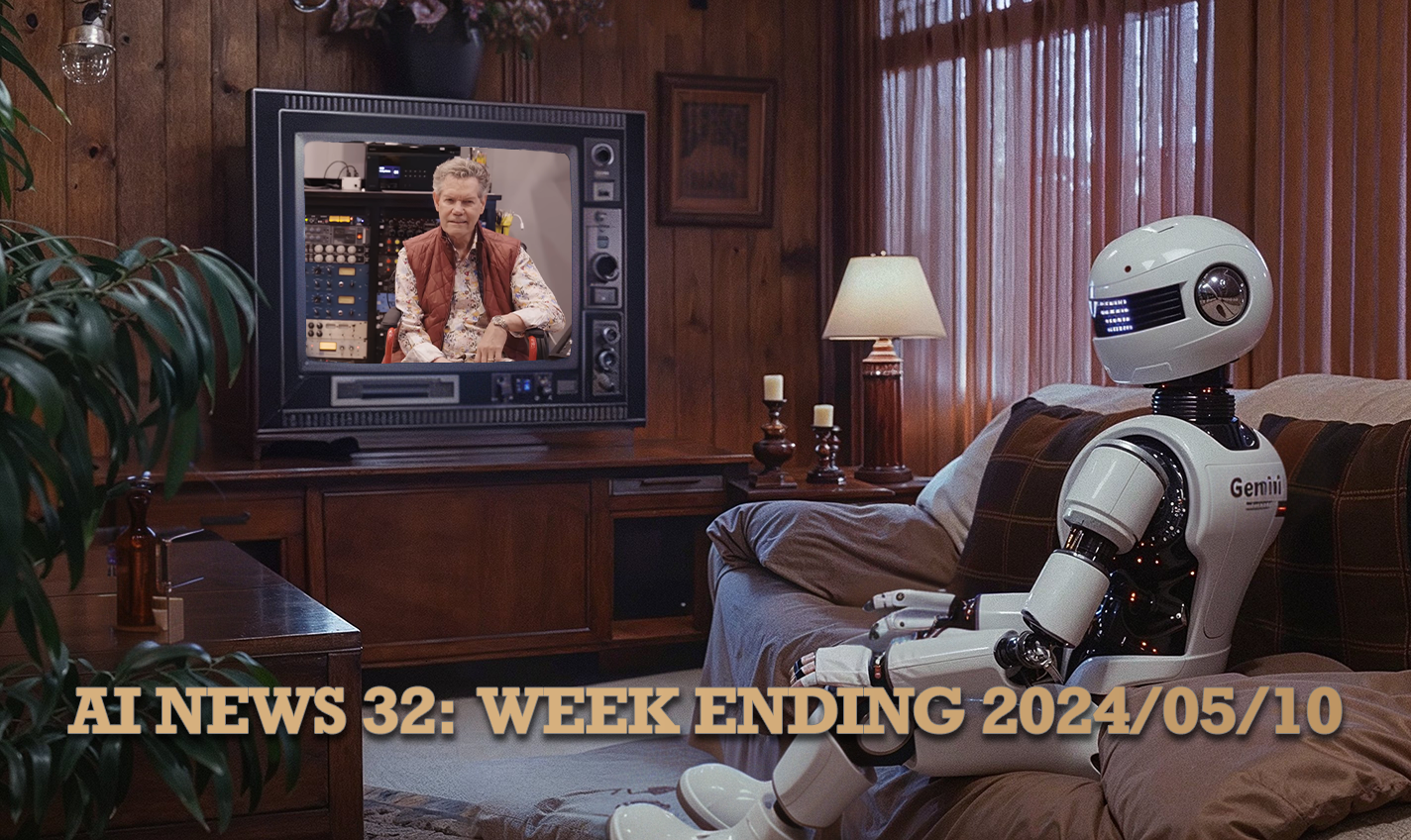 This week’s cover image captures Gemini’s advanced video understanding and Randy Travis’ AI voiced single, released after a decade of health issues. “a humanoid robot labeled "Gemini" is sitting on a couch in an 80s living room watching television. --ar 5:3 --style raw” Randy’s video added to the TV in photoshop. GPT-4 identified Randy Travis’ font as Giza and recommended Rockwell as a similar font, which is gradient filled in gold, like the logo.