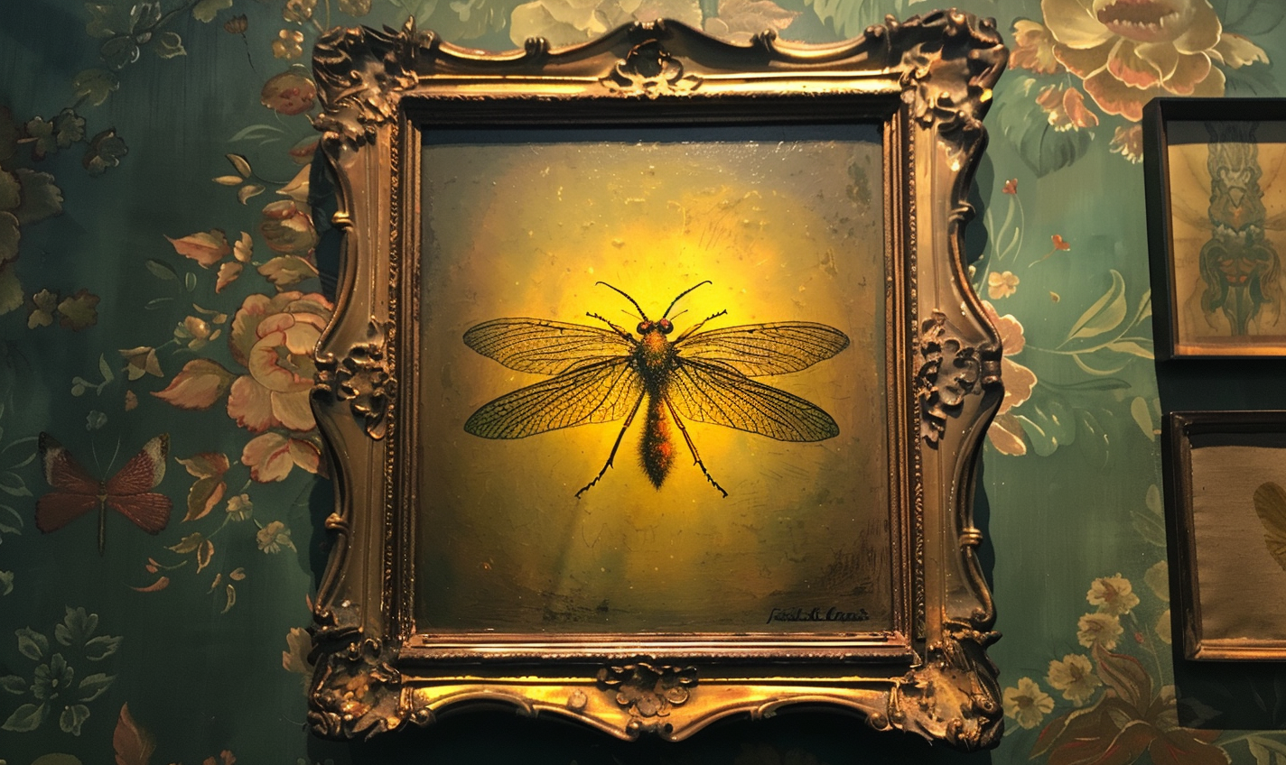 iphone photo. a painting of a firefly on the wall of an art museum, in an ornate gilded frame. --ar 5:3 --style raw