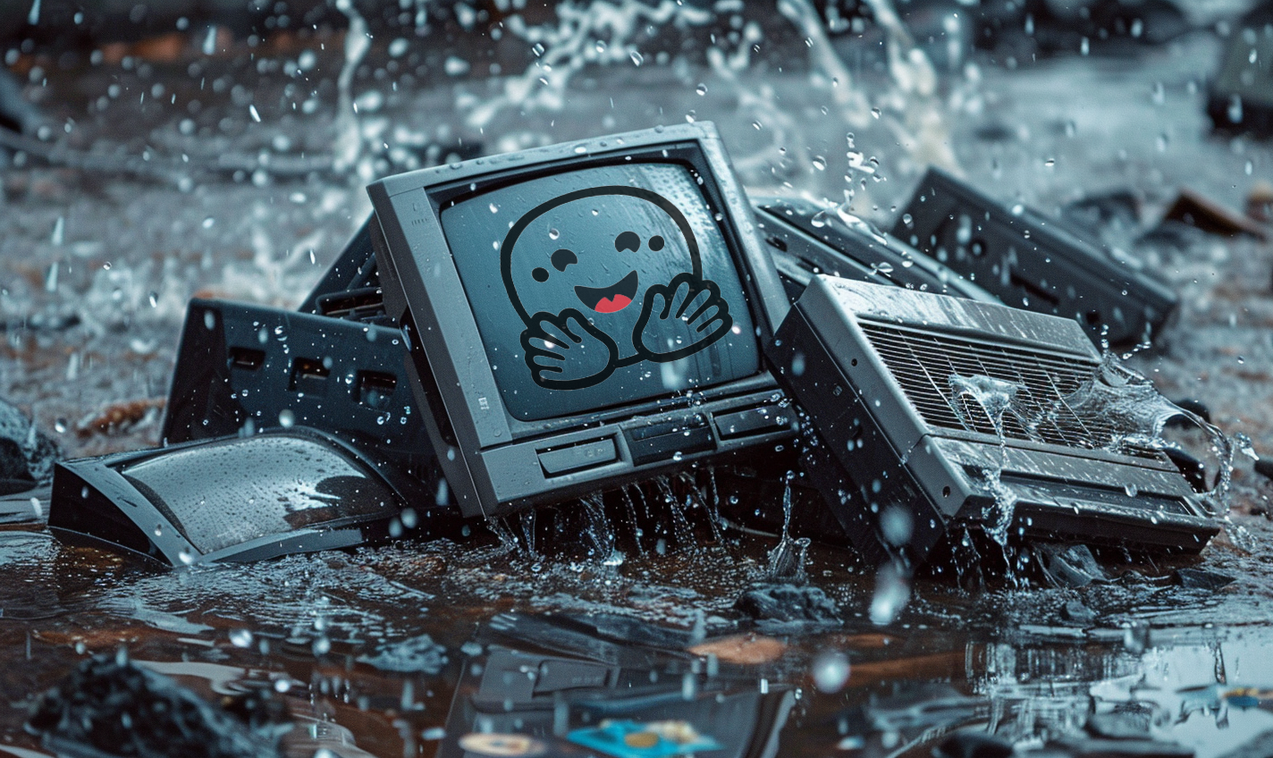 it's raining computers with a hugging face logo --ar 5:3 --style raw