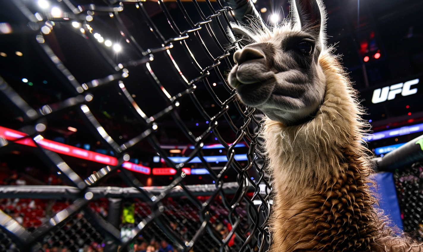 sports photography. a llama stands in the UFC octagon. --ar 5:3 --style raw