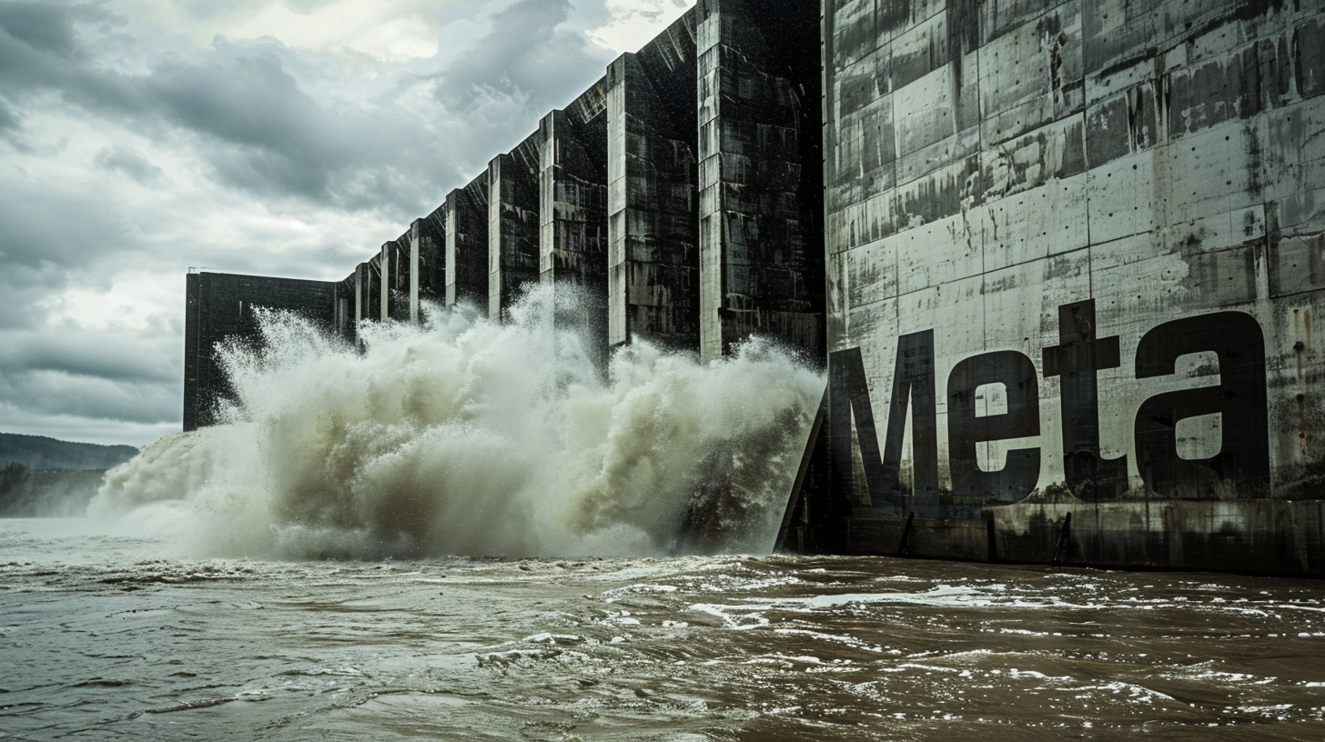 the floodgates are open at a huge damn, water rushes out spectacularly. The damn is inscribed with the word "Meta" in large letters etched across its concrete wall. --ar 16:9 --style raw