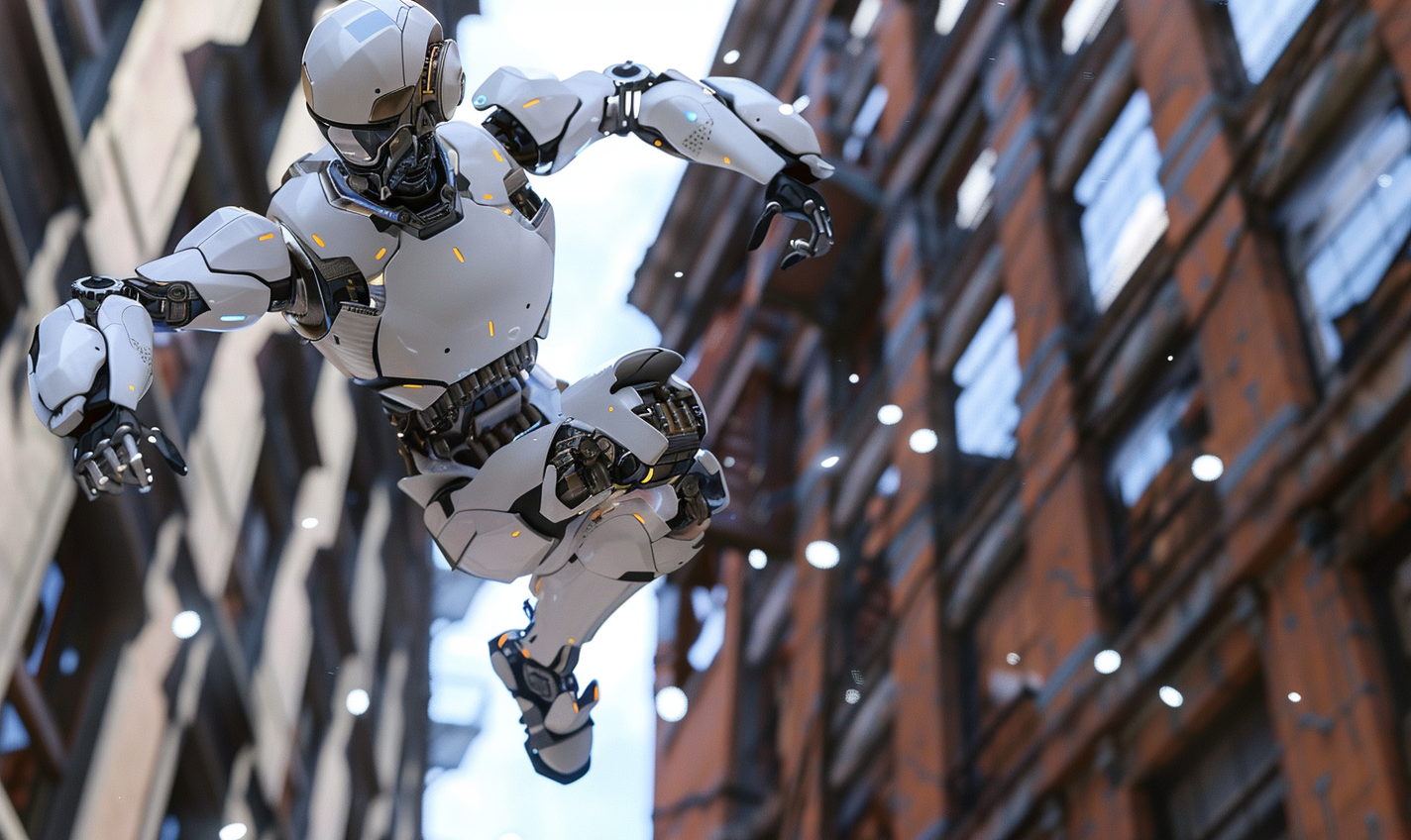 a modern humanoid robot leaping and doing parkour off of a huge brick building. tumbling through the air. --ar 5:3 --style raw