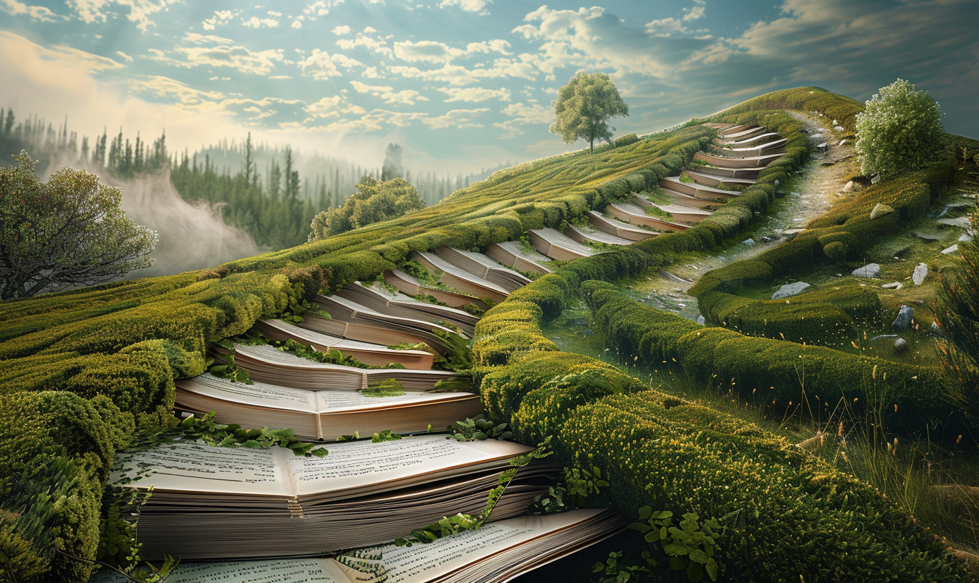 pages of books form a winding road that stretches into the distance of a lush landscape --ar 5:3