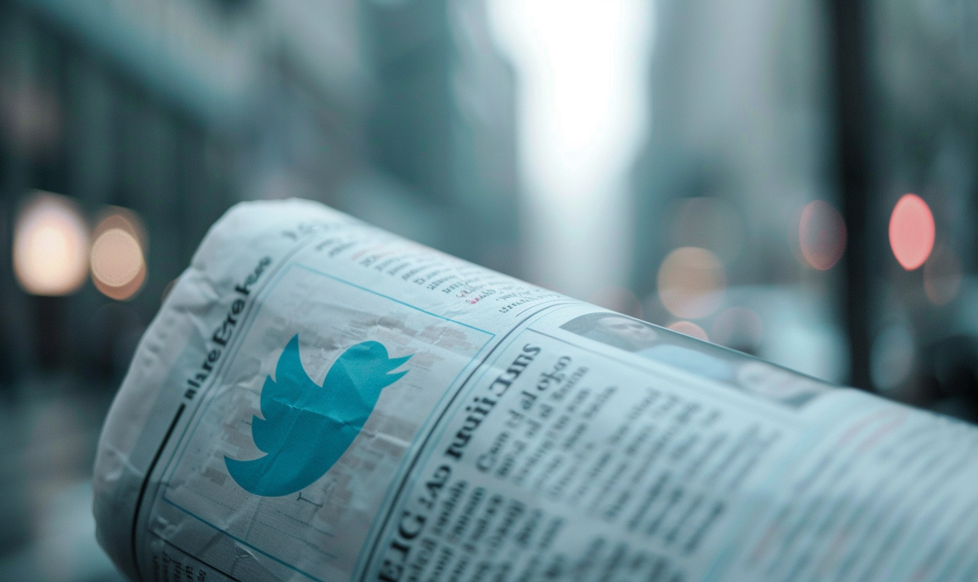 a newspaper with the Twitter logo printed on the front page --ar 5:3 --style raw