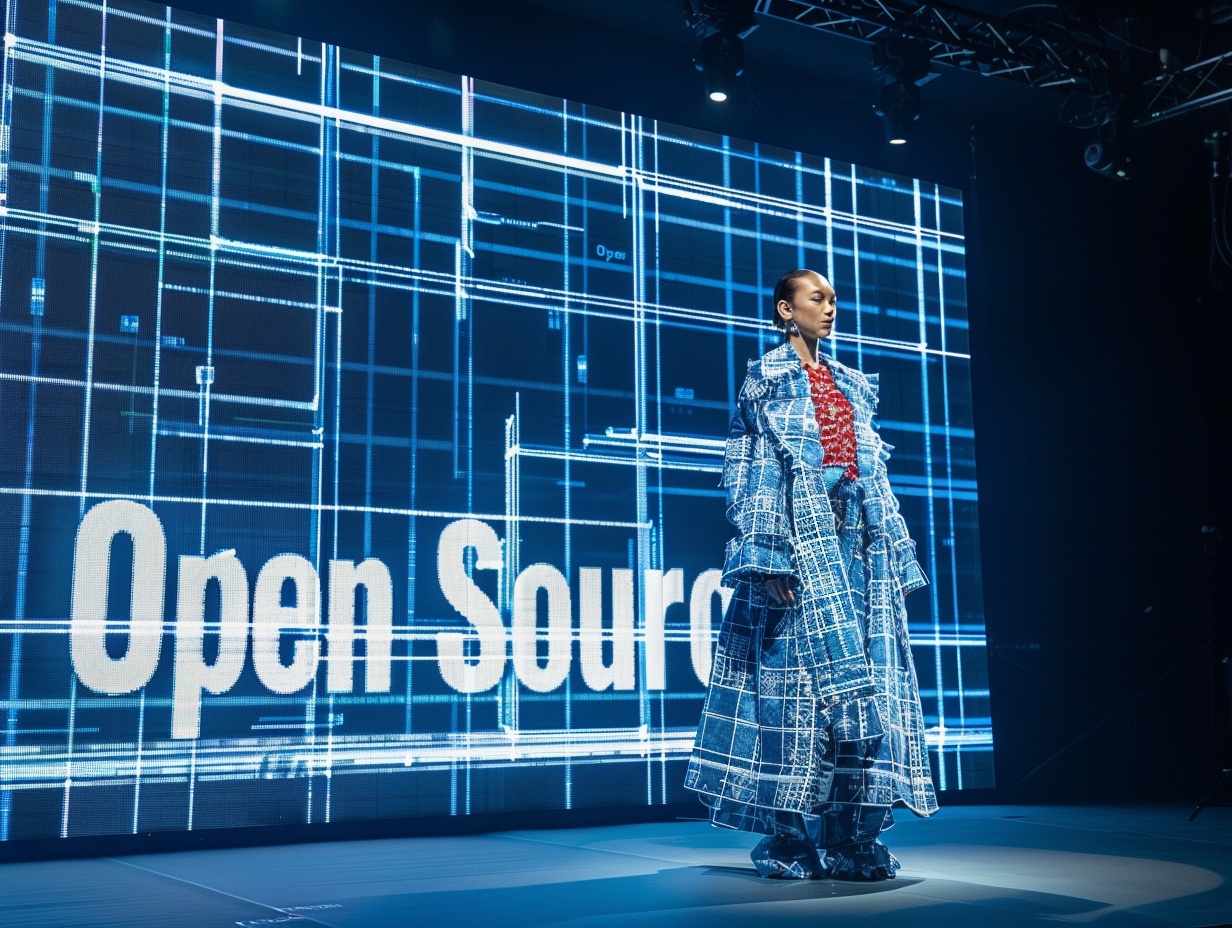 A fashion photoshoot of a runway look inspired by blueprints. A large screen displays the word "Open Source" --ar 4:3 --style raw