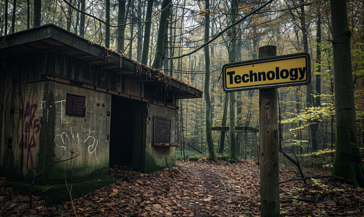 an abandoned factory in a forest with a trail sign that reads "Technology" --ar 5:3 --style raw