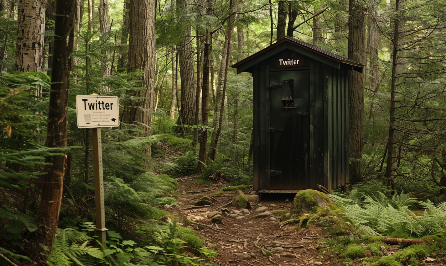 an outhouse in a forest with a trail sign that reads "Twitter" --ar 5:3 --style raw