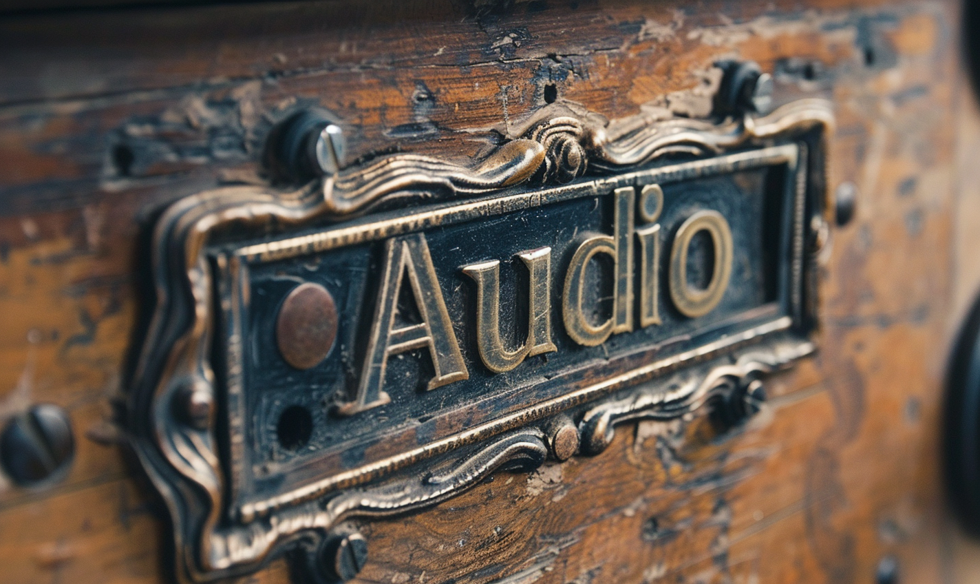 an ornate name tag that reads "Audio" --ar 5:3 --style raw