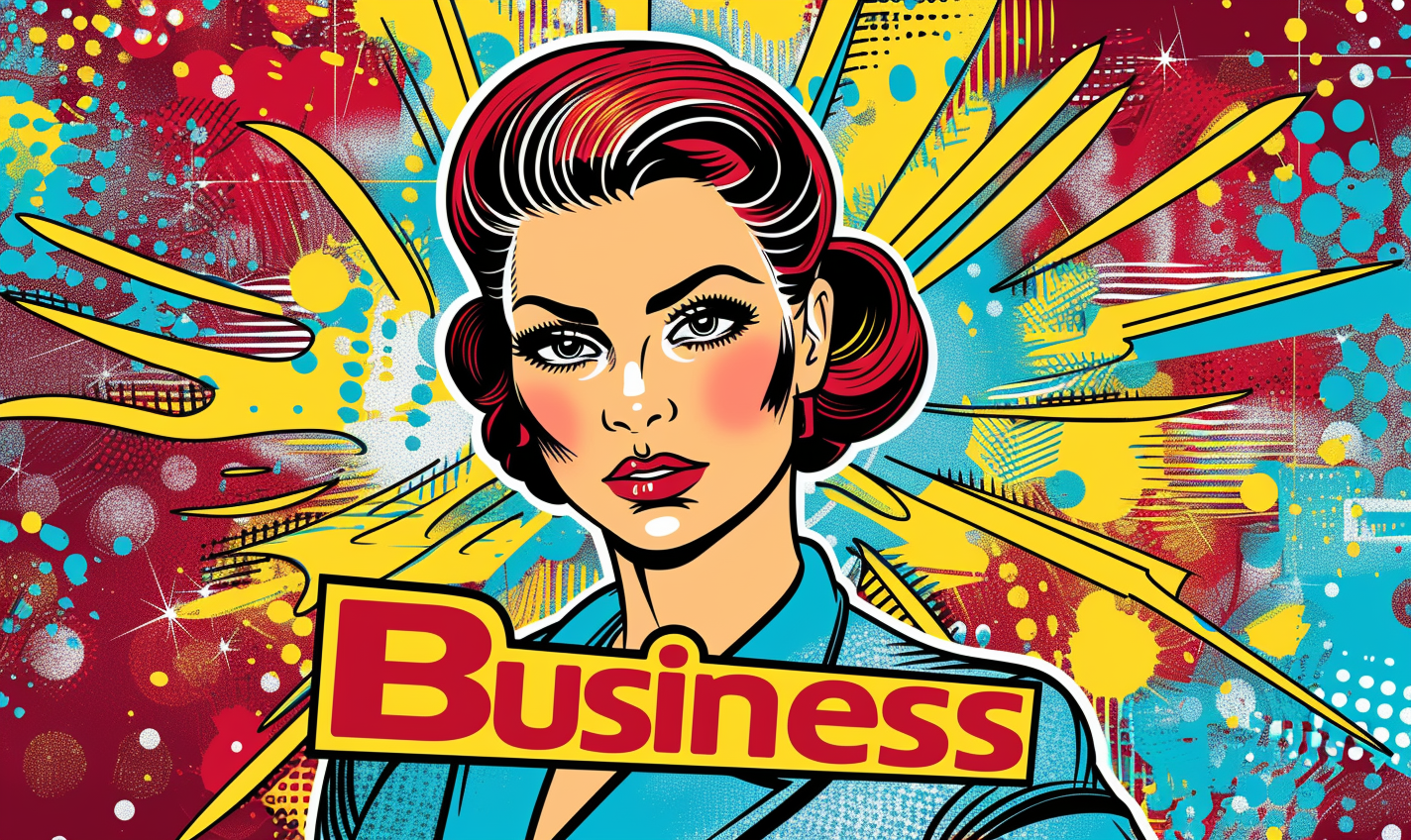 a pop art name tag that reads "Business" --ar 5:3 --style raw