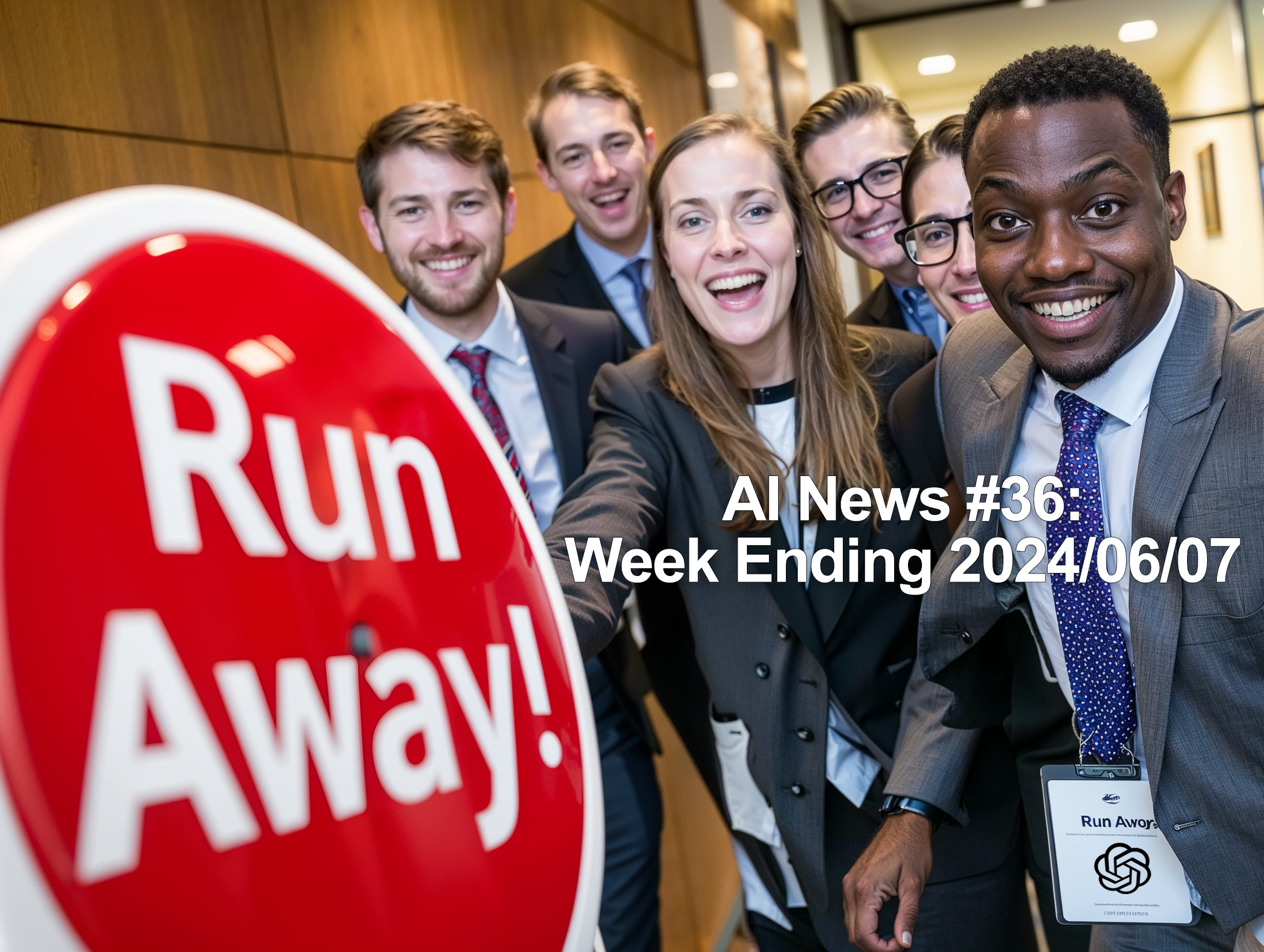 The cover this week is inspired by an open letter signed by current and former employees at leading AI companies titled “Right to Warn”. MidJourney prompt “corporate PR photo. a group of smiling office managers posing next to a large button labeled "Run Away!" --ar 4:3 --style raw”. Upscaled with Magnific. OpenAI logo added to the name badge with Photoshop. Font is Arial to be as corporate as possible.