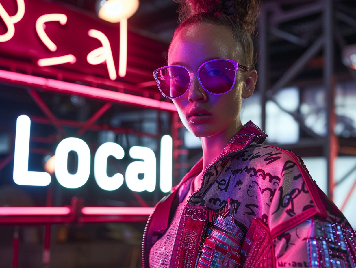 A fashion photoshoot of a runway look inspired by iPhones. A large screen displays the word "Local" --ar 4:3 --style raw