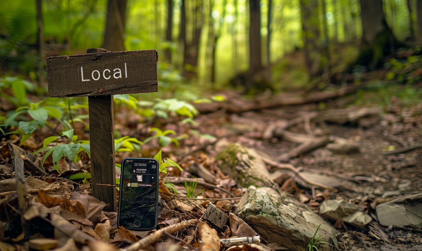 a phone in a forest next to a trail sign that reads "Local" --ar 5:3 --style raw