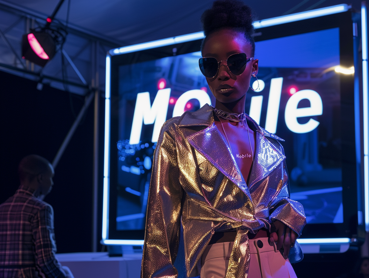 A fashion photoshoot of a runway look inspired by the telephone. A large screen displays the word "Mobile" --ar 4:3 --style raw