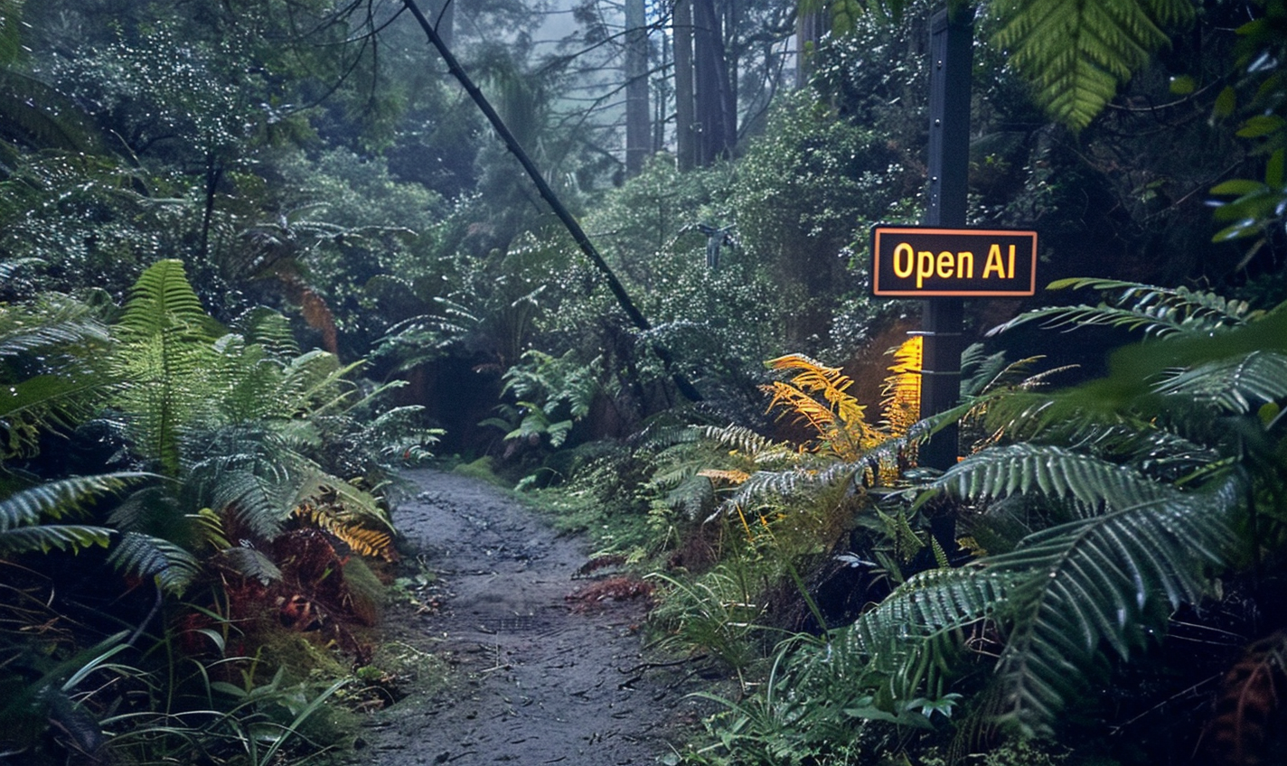 an OpenAI office in a forest with a trail sign that reads "OpenAI" --ar 5:3 --style raw