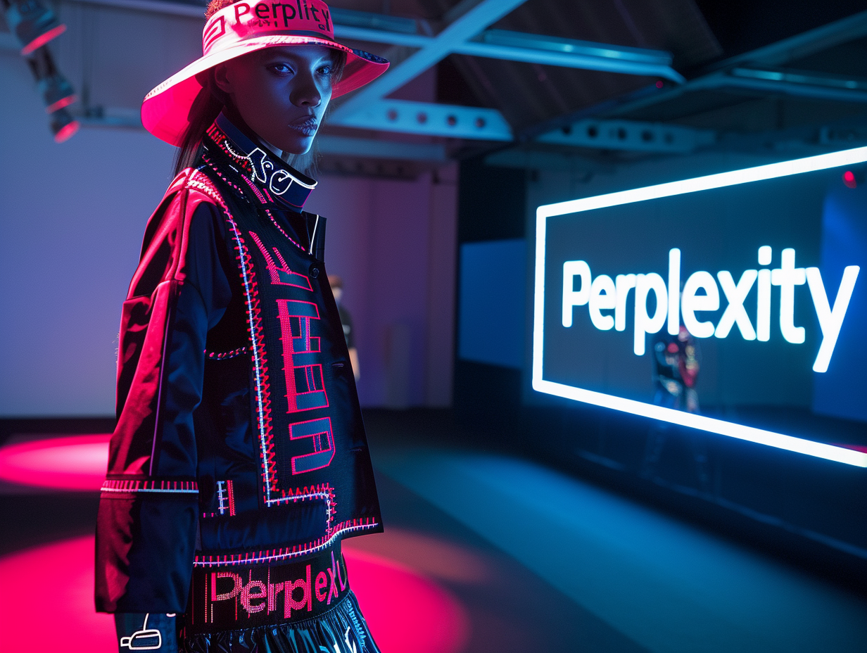 A fashion photoshoot of a runway look inspired by photocopiers. A large screen displays the word "Perplexity" --ar 4:3 --style raw