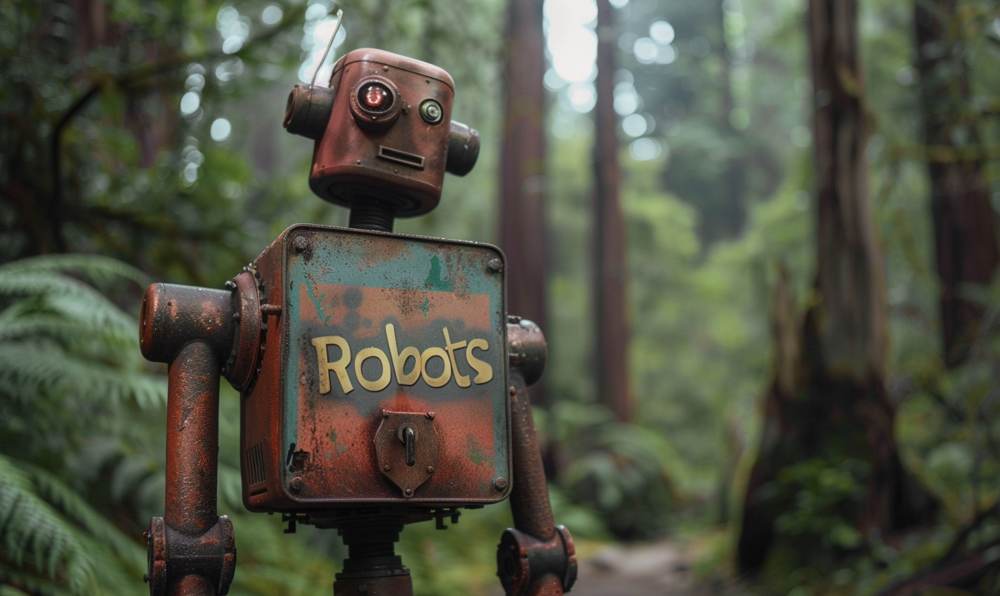 a robot stands a forest with a trail sign that reads "Robots" --ar 5:3 --style raw