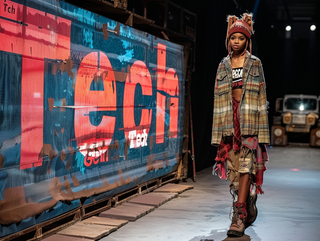 A fashion photoshoot of a runway look inspired by old rusty toolboxes. A large screen displays the word "Tech" --ar 4:3 --style raw