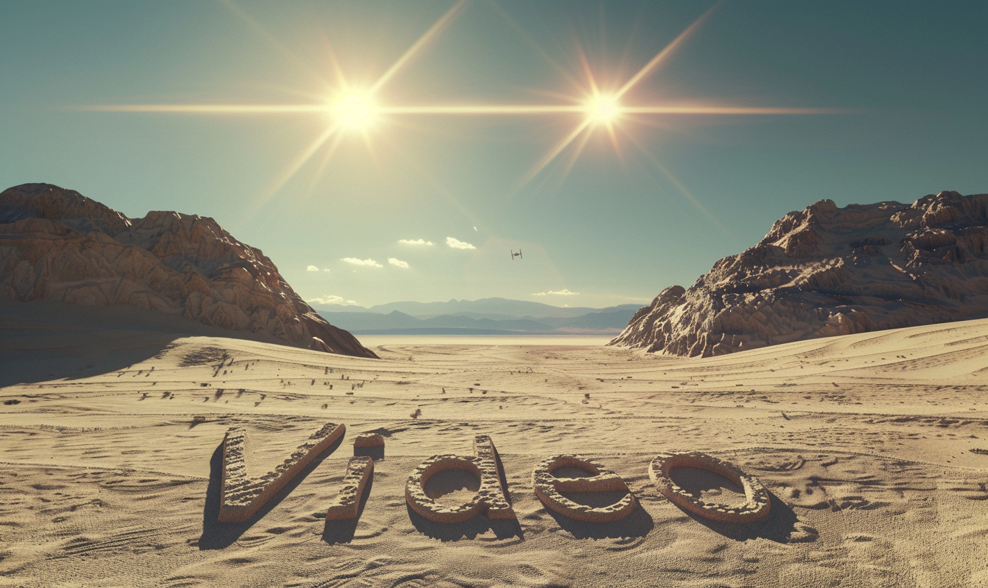 a sunny day at the beach on the planet Tatooine. Two suns shine in the sky. the word "Video" is drawn in the sand --ar 5:3 --style raw