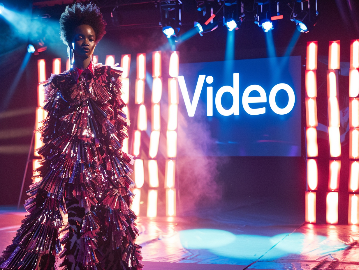 A fashion photoshoot of a runway look inspired by movie directors. A large screen displays the word "Video" --ar 4:3 --style raw