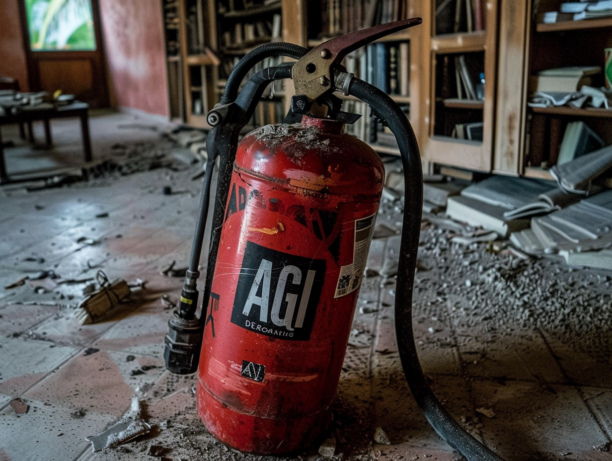 a fire extinquisher with the word "AGI" sits on the floor in a gorgeous classical library. --chaos 40 --ar 4:3 --style raw --personalize 9zxyhz8