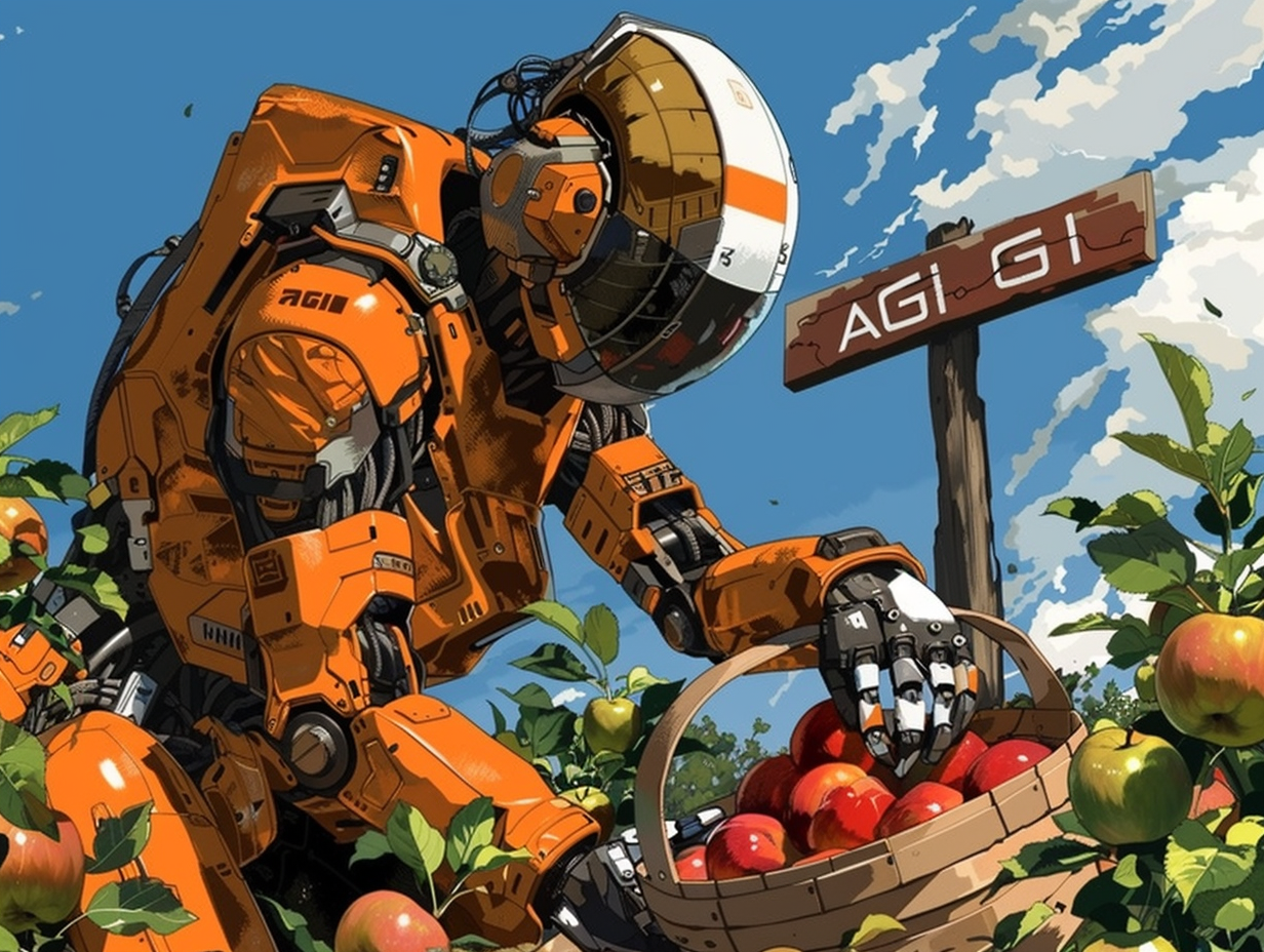 a sunny day with blue skies. an apple orchard. a humanoid robot farmer offers a basket of apples. a wooden sign says "AGI" --ar 4:3 --style raw --personalize 9zxyhz8