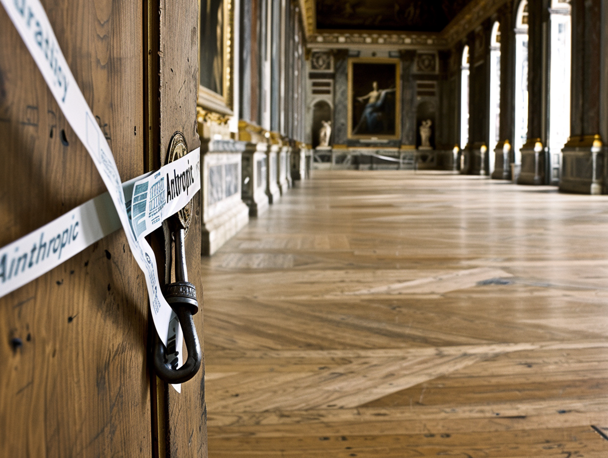 safety tape with the word "Anthropic" protecting paintings in a fine art museum. --chaos 40 --ar 4:3 --style raw --personalize 9zxyhz8